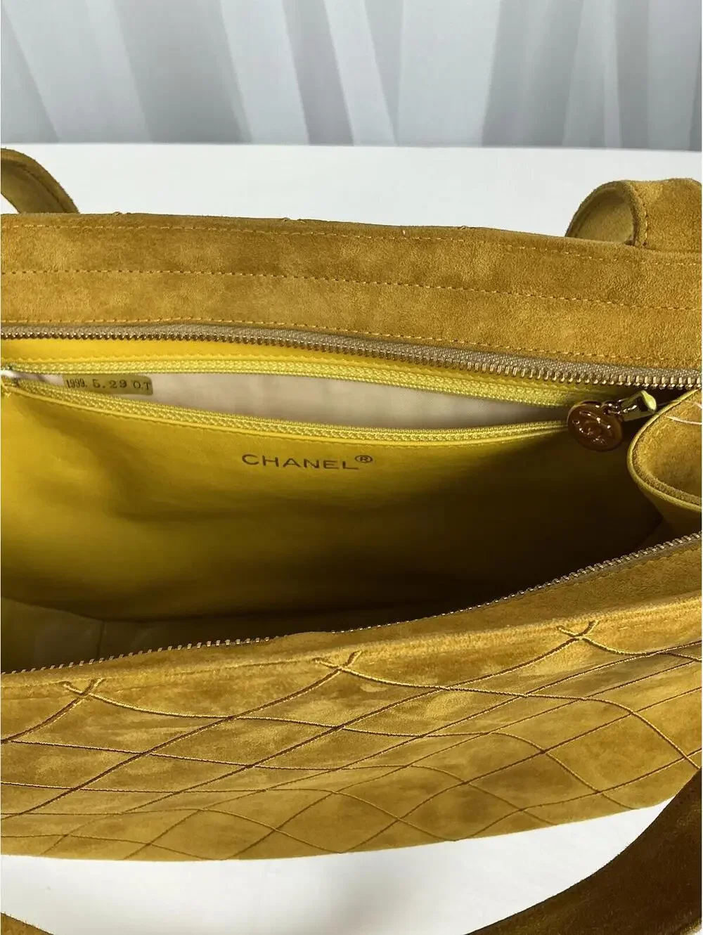 Chanel Mustard Yellow Quilted Suede Shoulder Bag Hobo Style 1999